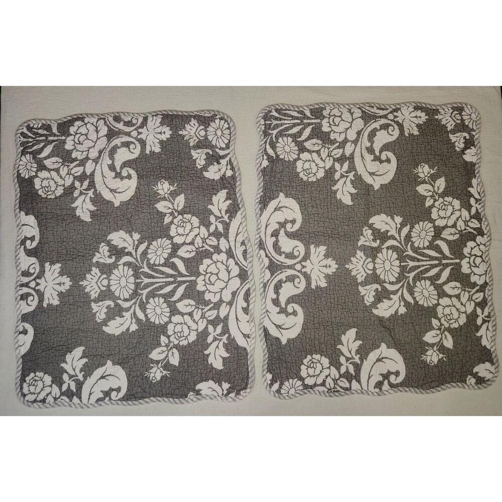 Home Classics Damask Floral Gray White Pillow Shams 20X26 In Wavy Striped Border